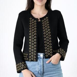 Maje Music Cropped Black Grommet Cardigan size 2 M black metallic New